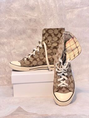 Coach Tan Retro Signature High-Top Canvas Sneakers